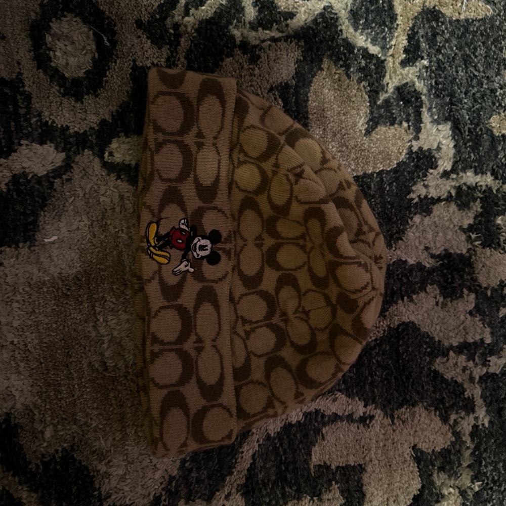 Coach Brown Logo Beanie with Embroidered Mickey